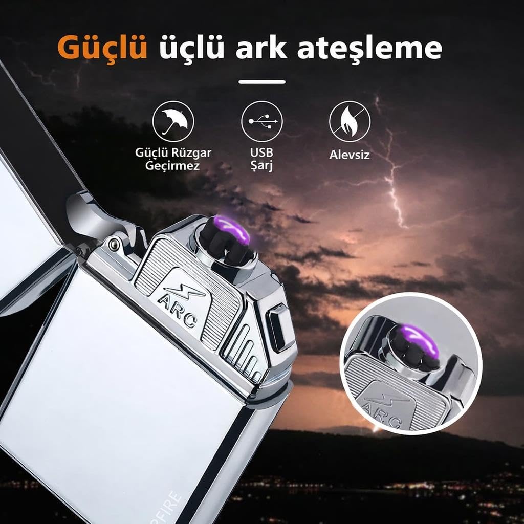 Valkyrie USB Şarjlı Elektronik Çakmak | 4 Elektrotlu X Tip Mor Arc | Rüzgar Geçirmez, Alevsiz Silver
