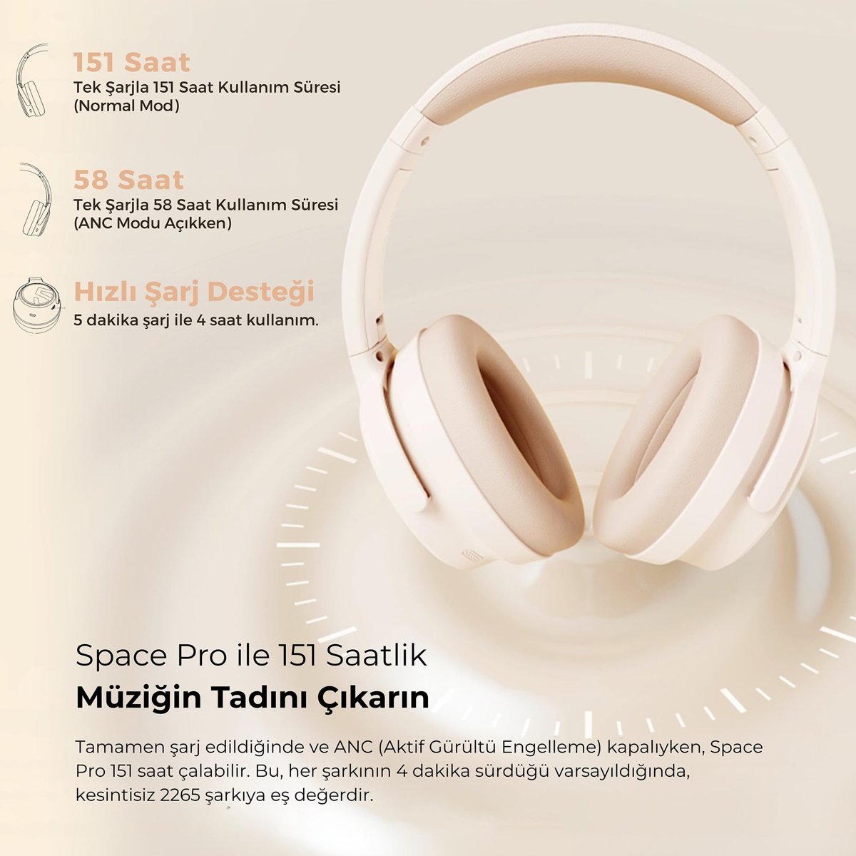 SoundPEATS Space Pro Hi-Res LDAC Bluetooth 5.4 TWS Kablosuz Kulak üstü Kulaklık Bej