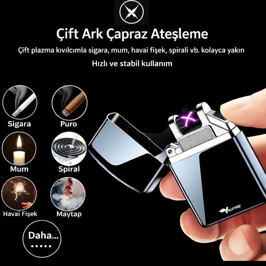 Valkyrie Çift Ark Plazma Şarjlı Çakmak – Rüzgâr Geçirmez, Dokunmatik, USB Şarjlı Mini