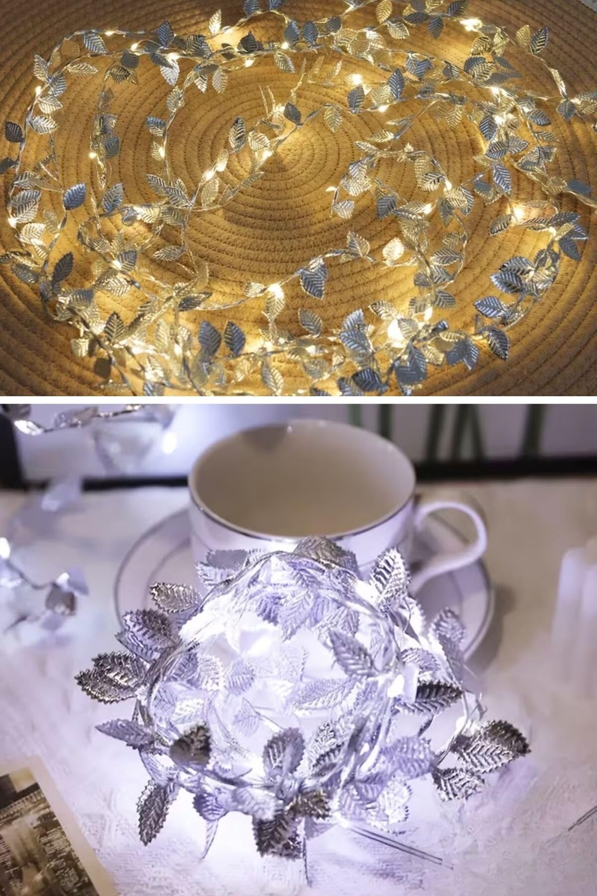 BUFFER 3 Metre Yaldızlı Gümüş Yaprak Desenli LED Işık, Dekoratif Aydınlatma, Yılbaşı ve Ortam Süsleme
