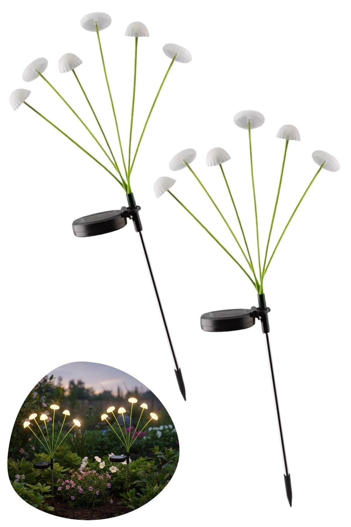 BUFFER Güneş Enerjili Mantar Bahçe Lambası, Solar LED Dış Mekan Aydınlatma, Otomatik Sensörlü Dekoratif Bahçe Işığı, Plastik, 2 Adet