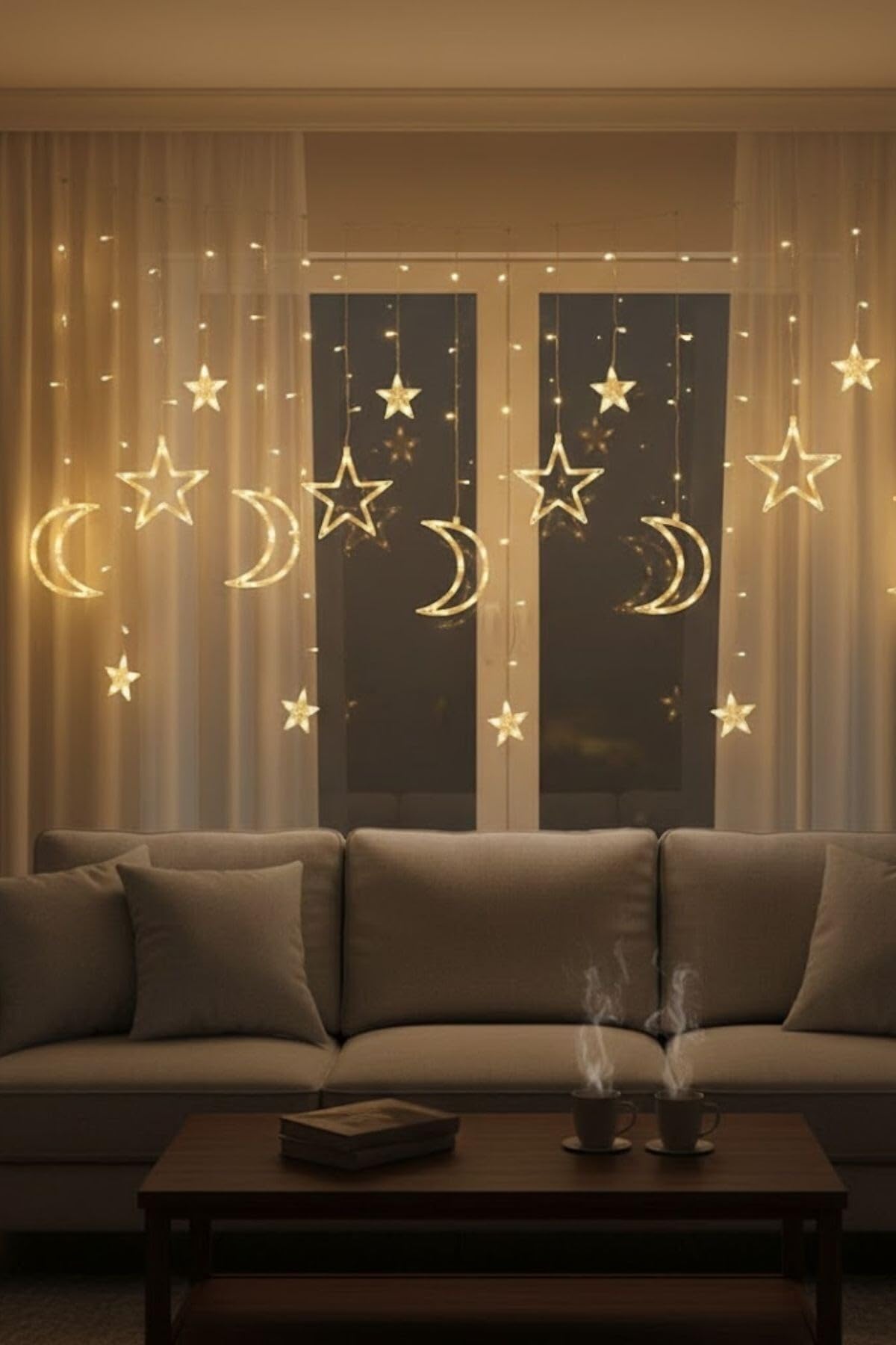 BUFFER Ay ve Yıldız Figürlü LED Dekor Işık, Kumandalı 12 Sarkıtlı 120 LED, Dekoratif Ortam ve Masaüstü Aydınlatması