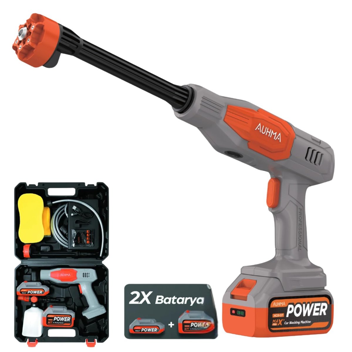 NPO AUHMA ACR07T Reel 203PSI Çift Akülü Yeni Nesil Motor 12 Parça Profesyonel Oto Yıkama Tabancası