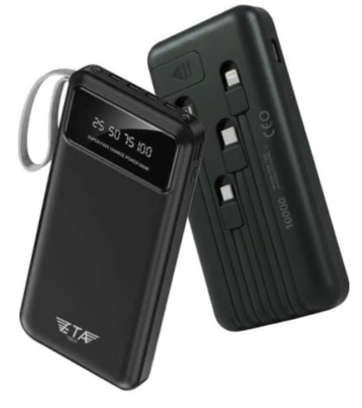 ETA PWR10 10000Mah Slim Powerbank Dijital Göstergeli Dahili Şarj Kablolu Güç Bankası Taşınabilir Şarj Cihazı Siyah Fener Özellikli