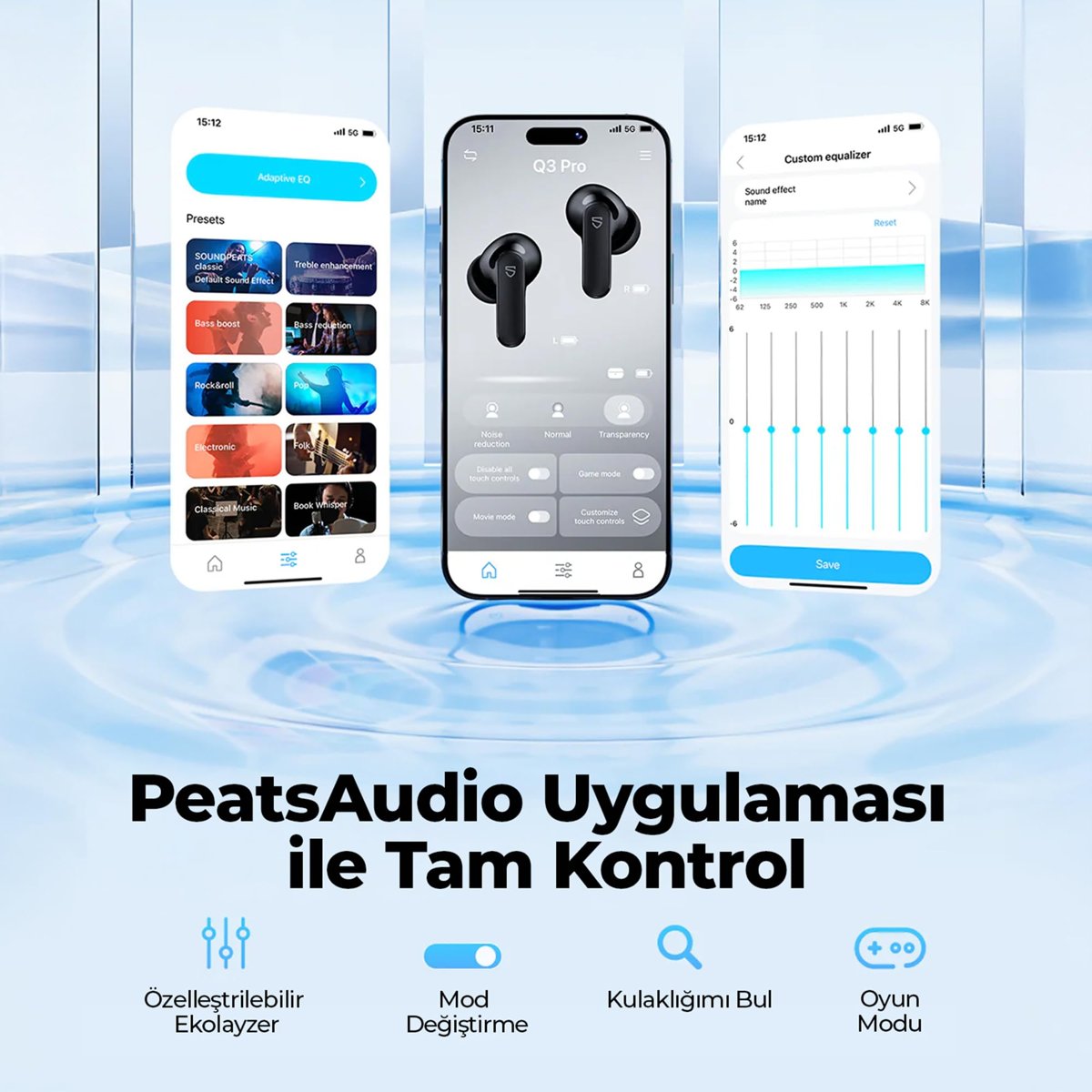 SoundPEATS Q3 Pro Hibrit ANC ENC TWS Bluetooth 6.0 Kablosuz Kulak içi Kulaklık Siyah