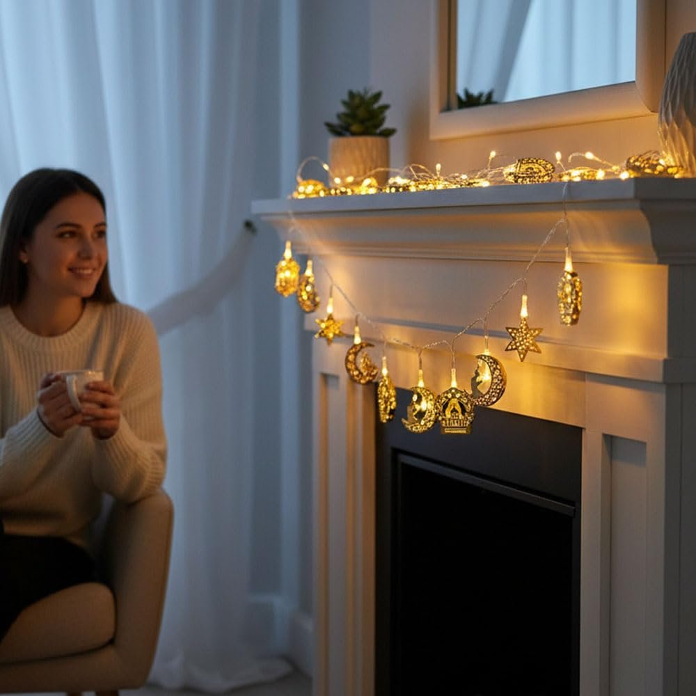 Coverzone 10’lu 2 Metre Pilli LED Ramazan Kandil Temalı Dekoratif Işık, Sarı Işık 2 Modlu Aydınlatma, Oda Balkon ve Duvar Süsleme İçin Uygun,Şık Tasarım-CK1 (Ramazan Işığı, 10 Lu 2 Metre)