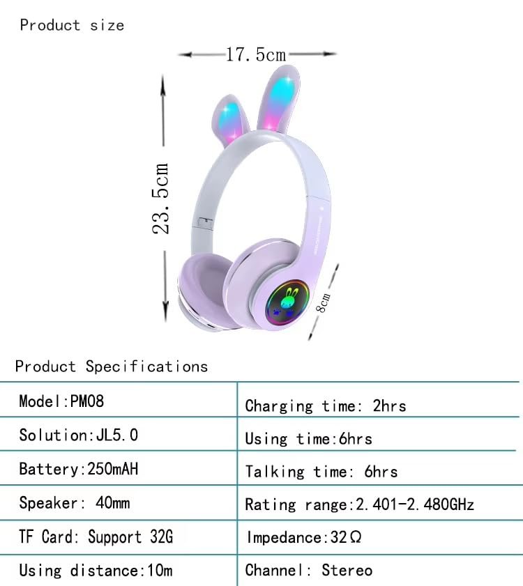 Tavşan Kulaklı Bluetooth Kulaklık, Renkli LED Işıklı, 5.0 Versiyon, Ayarlanabilir Büyüklük, Hafıza Kart Girişli, 40mm Kulaklık, 6 Saat Kullanım Süresi, BASS TİZ MÜTHİŞ SES (TOZ PEMBE)