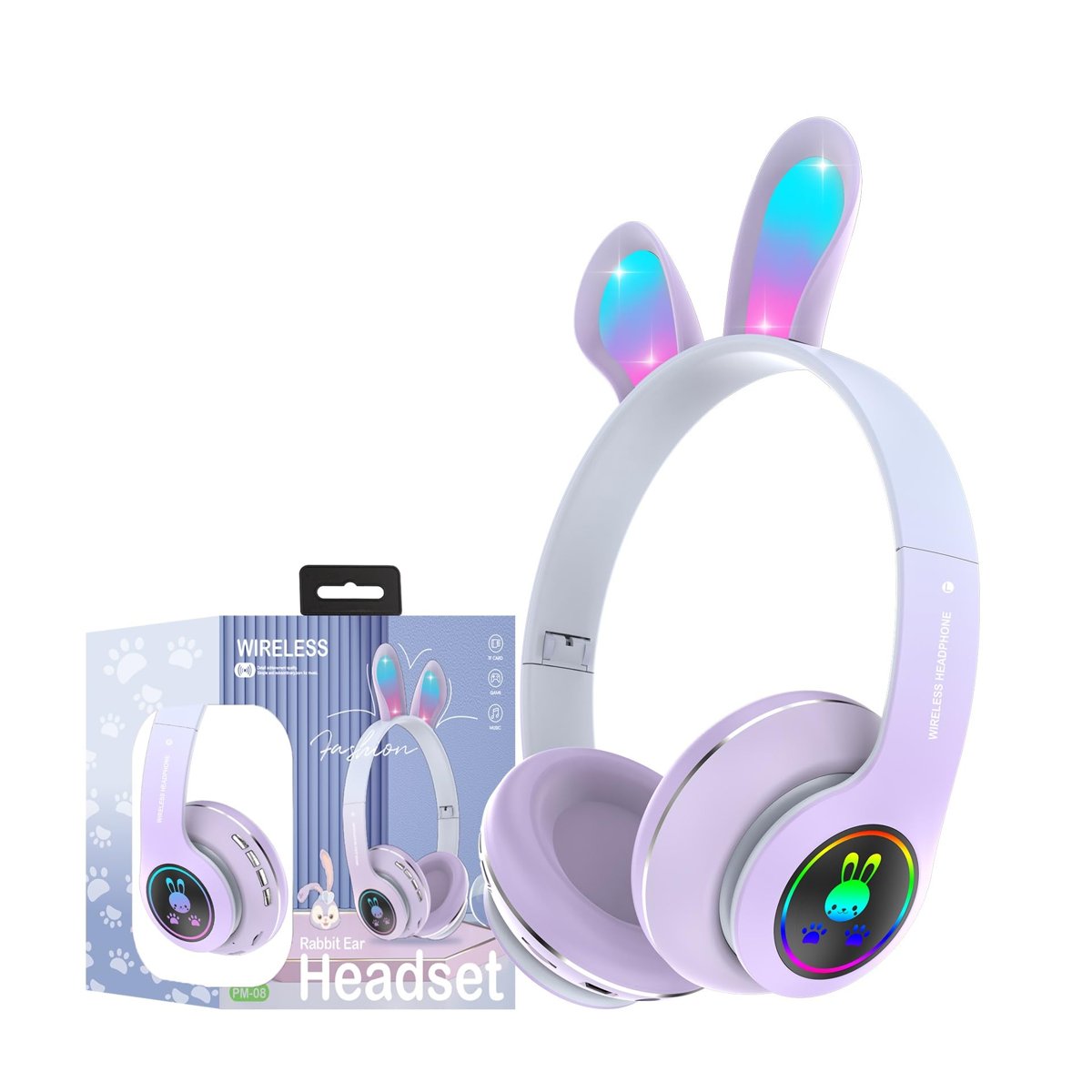 Tavşan Kulaklı Bluetooth Kulaklık, Renkli LED Işıklı, 5.0 Versiyon, Ayarlanabilir Büyüklük, Hafıza Kart Girişli, 40mm Kulaklık, 6 Saat Kullanım Süresi, BASS TİZ MÜTHİŞ SES (LİLA MOR)