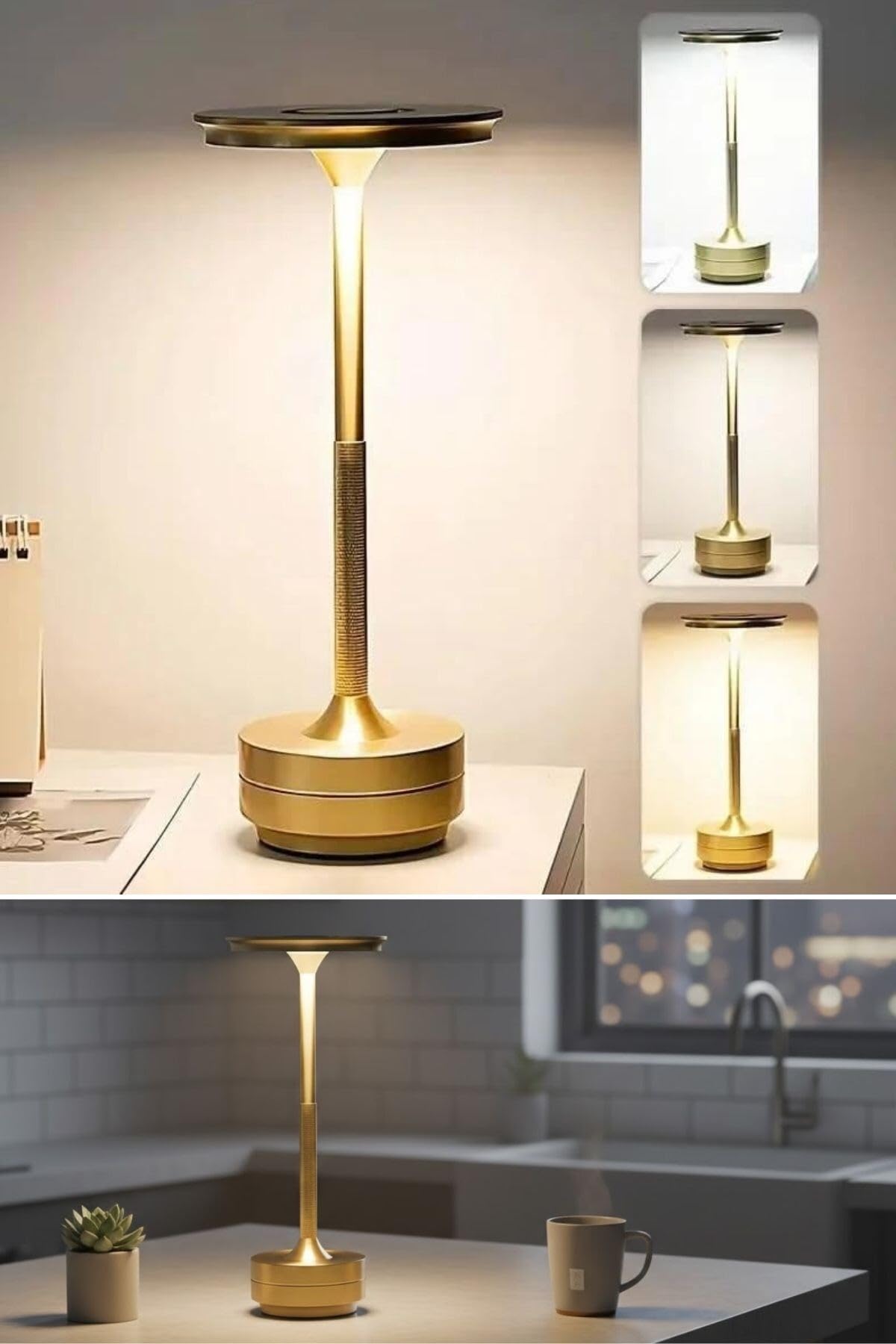 BUFFER Eskitme Gold Dokunmatik Şarjlı Masa Lambası, 3 Renk Işık Modlu, LED Aydınlatmalı, Modern Dekoratif Abajur