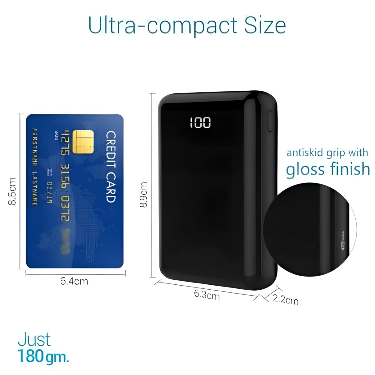 URUCHI 10000 mAh Taşınabilir Powerbank, Çift USB Çıkışlı (2.1A Hızlı Şarj), LED Dijital Ekranlı, Ultra İnce ve Hafif 180 g, Telefon ve Tablet Uyumlu (Siyah)