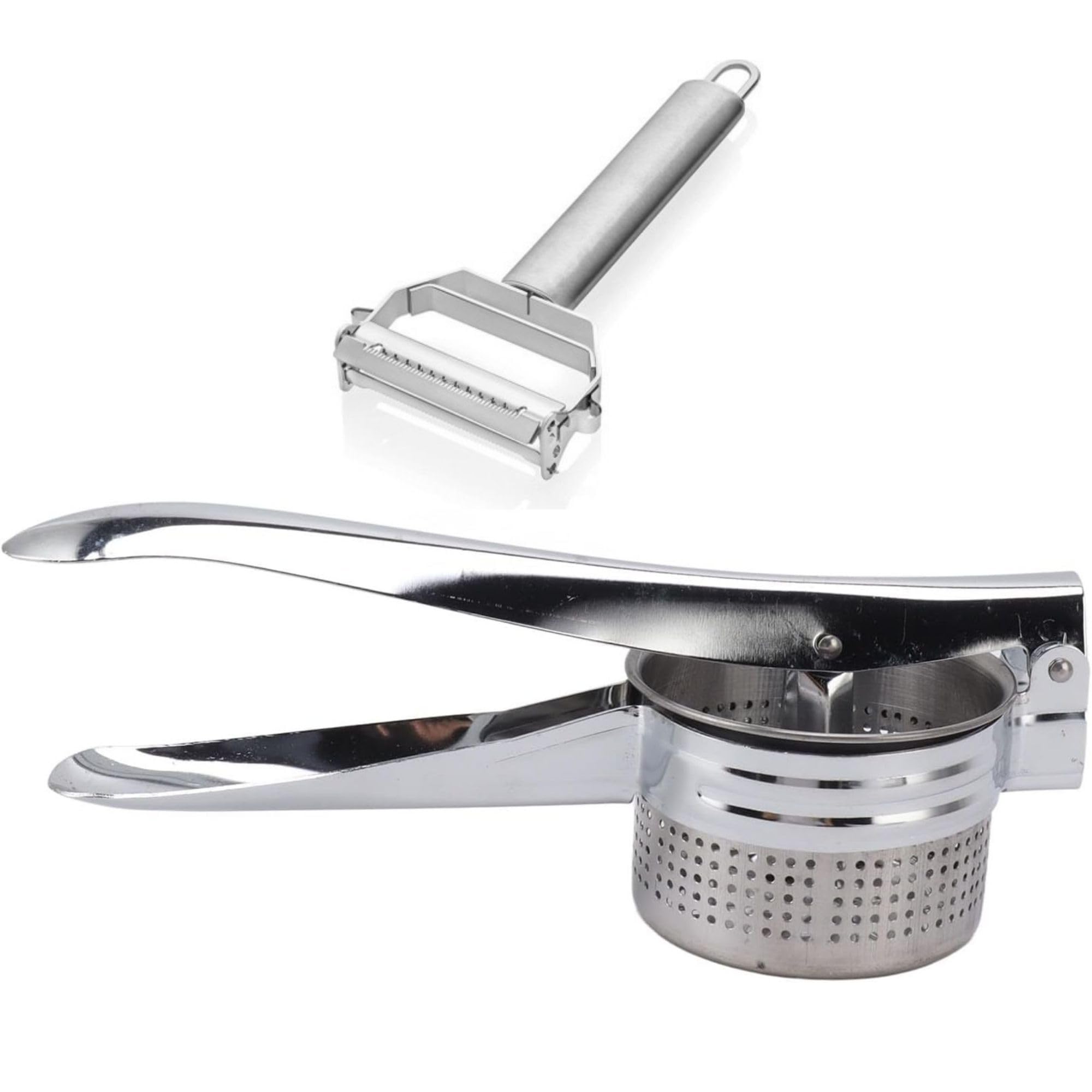 AEE® Patates Ezici & Çift Başlı Patates Soyacağı Seti – Paslanmaz Çelik Metal Gövde – Ergonomik Saplı Mutfak Aparatları – Püre, Sebze Ezme ve Soyma Seti