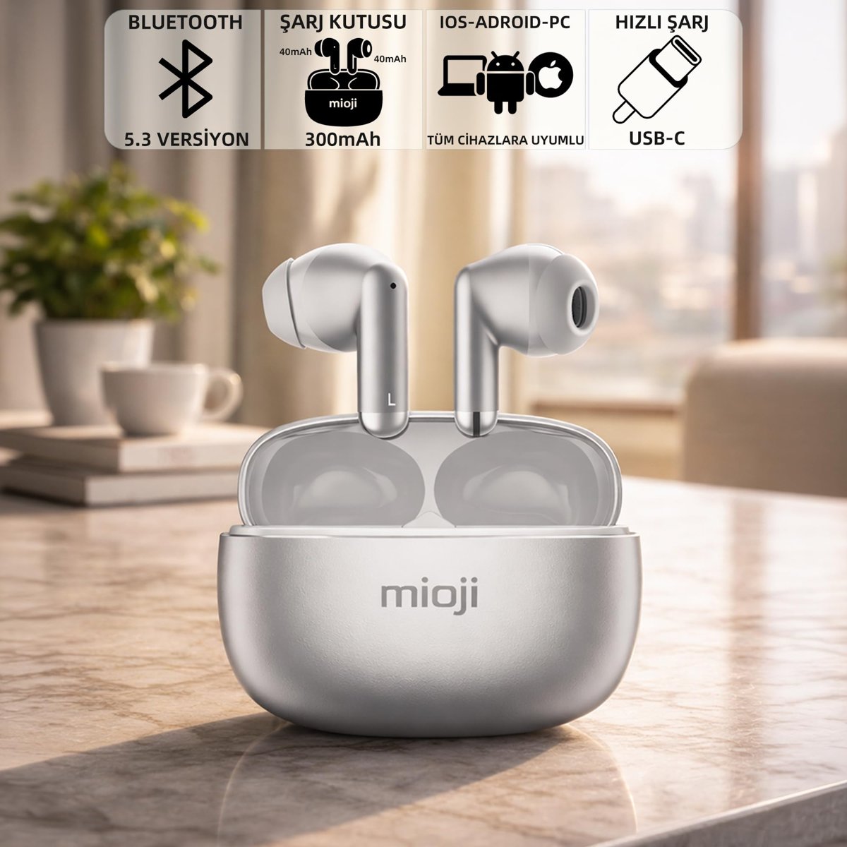Mioji Air Buds 3 Kablosuz 5.3 IOS Android Windows PC ve Tüm Telefonlar ile Uyumlu Bluetooth Kulaklık - Gümüş