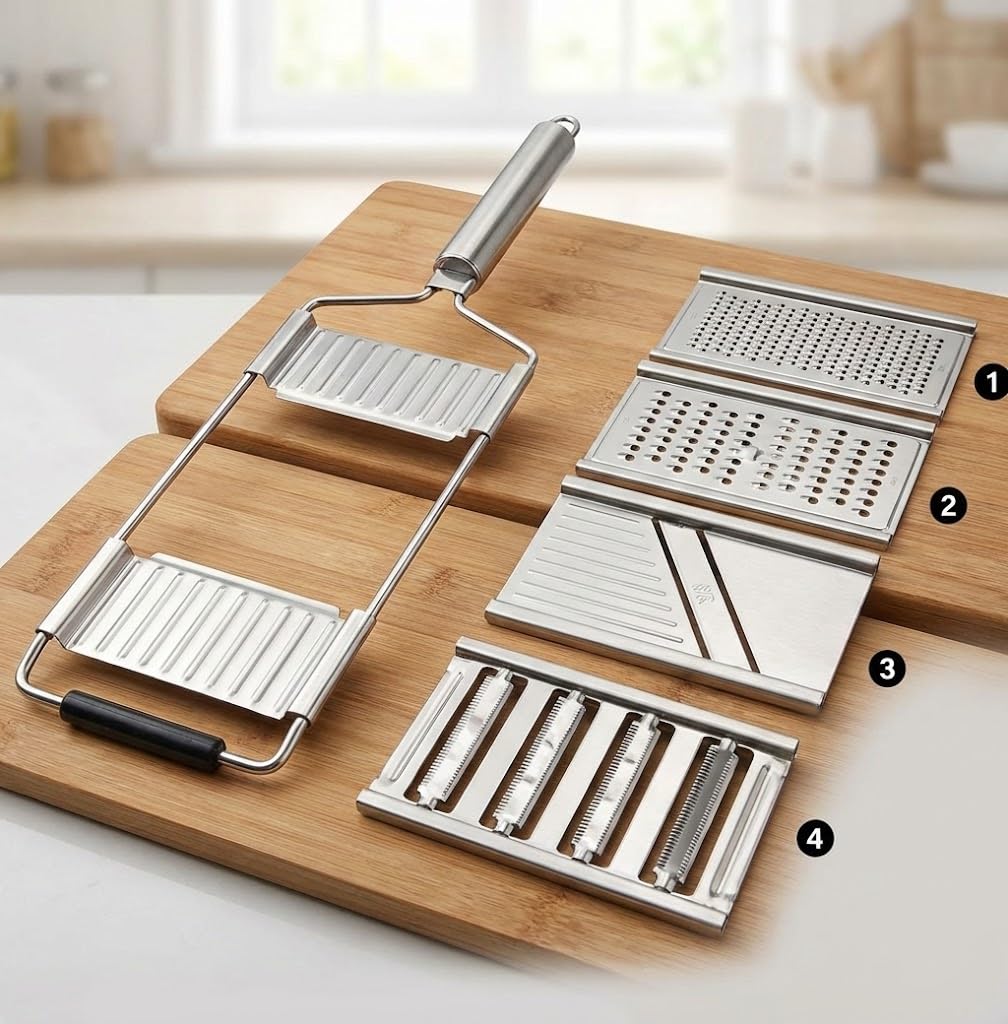 Orret Home 4 Bıçaklı Metal El Rendesi – Mandolin Tipi Çok Amaçlı Rende ve Dilimleyici, Peynir Sebze Meyve Doğrayıcı, Paslanmaz Çelik Gövde, Ergonomik Saplı Pratik Mutfak Aleti