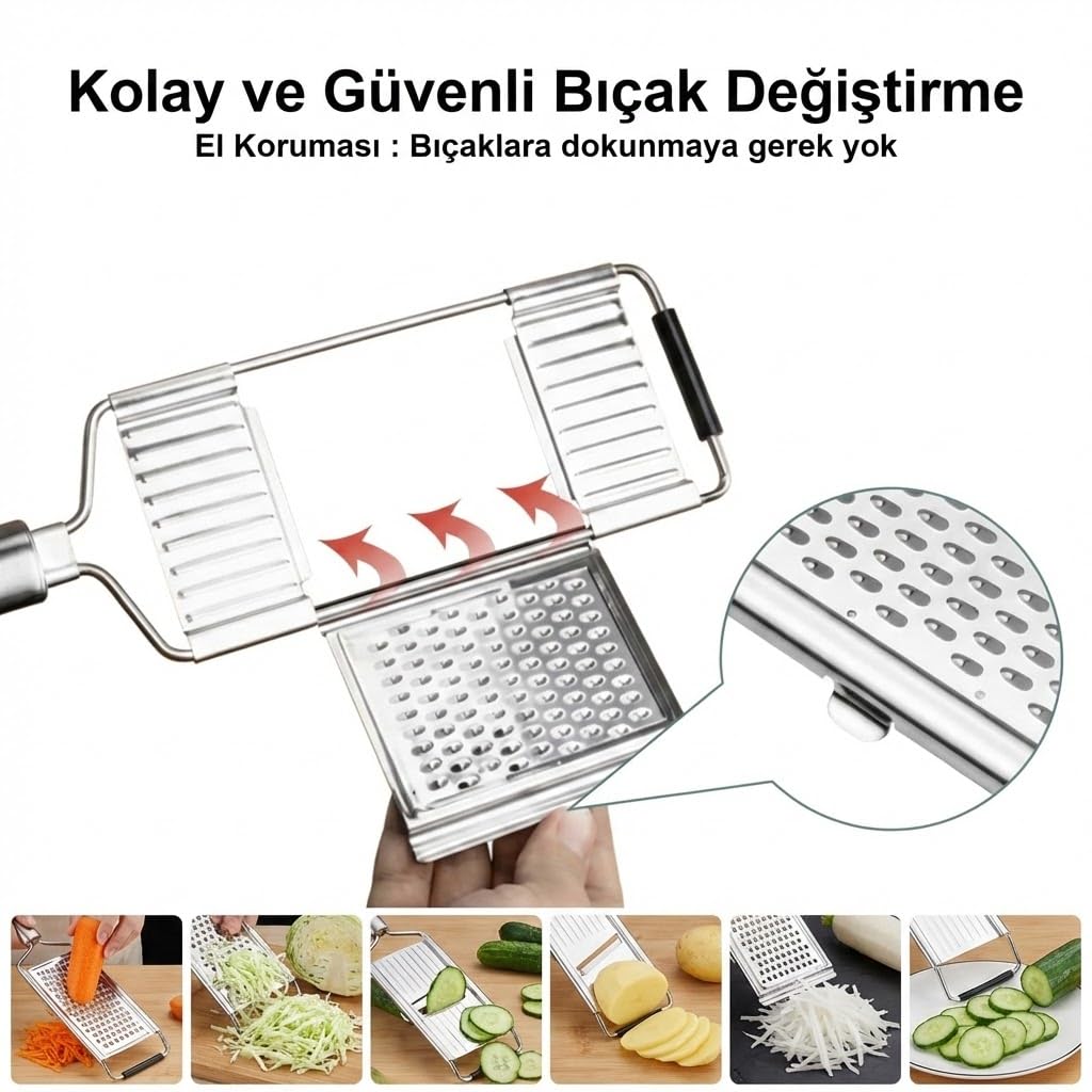 Orret Home 4 Bıçaklı Metal El Rendesi – Mandolin Tipi Çok Amaçlı Rende ve Dilimleyici, Peynir Sebze Meyve Doğrayıcı, Paslanmaz Çelik Gövde, Ergonomik Saplı Pratik Mutfak Aleti