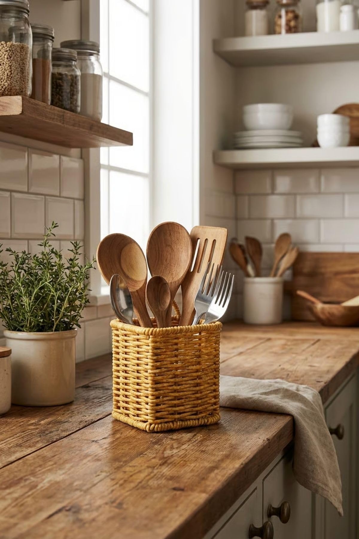 BUFFER Kare Hasır Dokulu Plastik Rattan Kaşıklık ve Çatallık, Askılı Kendiliğinden Tutmalı Çok Amaçlı Mutfak Organizeri, 10x10x14 cm