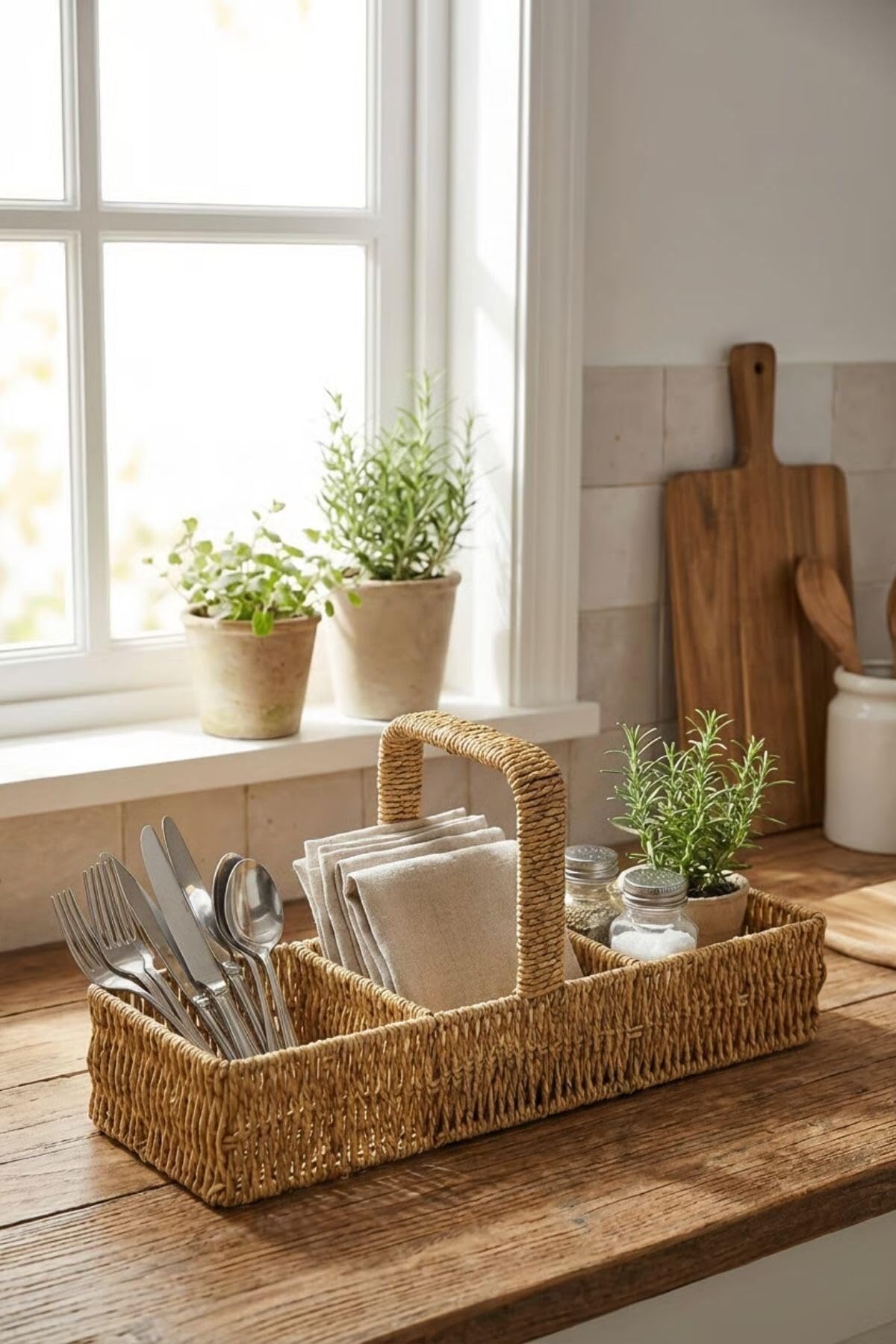BUFFER 3 Bölmeli Hasır Sepet Organizer Saplı, Mutfak Banyo Ofis Çok Amaçlı Düzenleyici, Plastik Rattan Kaşıklık Sepeti, 40x13x17 cm
