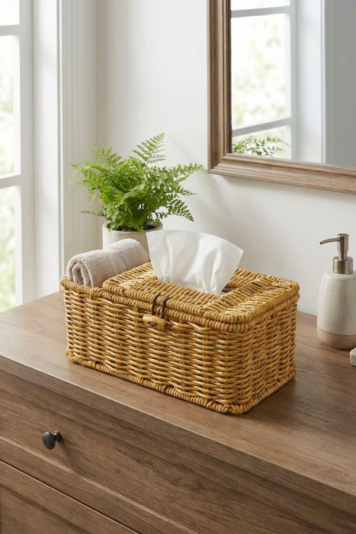 BUFFER Bölmeli Kapaklı Doğal Rattan Görünümlü Hasır Organizer Sepet, Peçetelik, Makyaj ve Takı Düzenleyici, Plastik, 24x10x10 cm