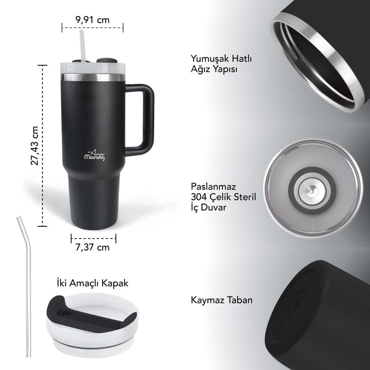 Any Morning Vaha 1200 ml Üç Kademe Çevirmeli Kapaklı Çift Katman Çelik Termos Mug Siyah SI2440217