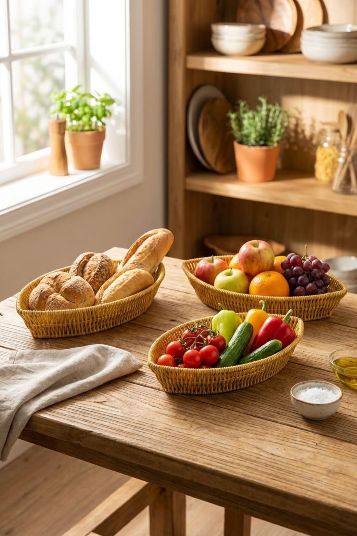 BUFFER® Kayık Formlu Plastik Rattan Sepet Seti, Hasır Görünümlü, Ekmek Meyve Sunum Sepetleri, 3 Parça, Çok Amaçlı Organizer, 27x15x5 cm, 30x18x5 cm, 33x20x5 cm