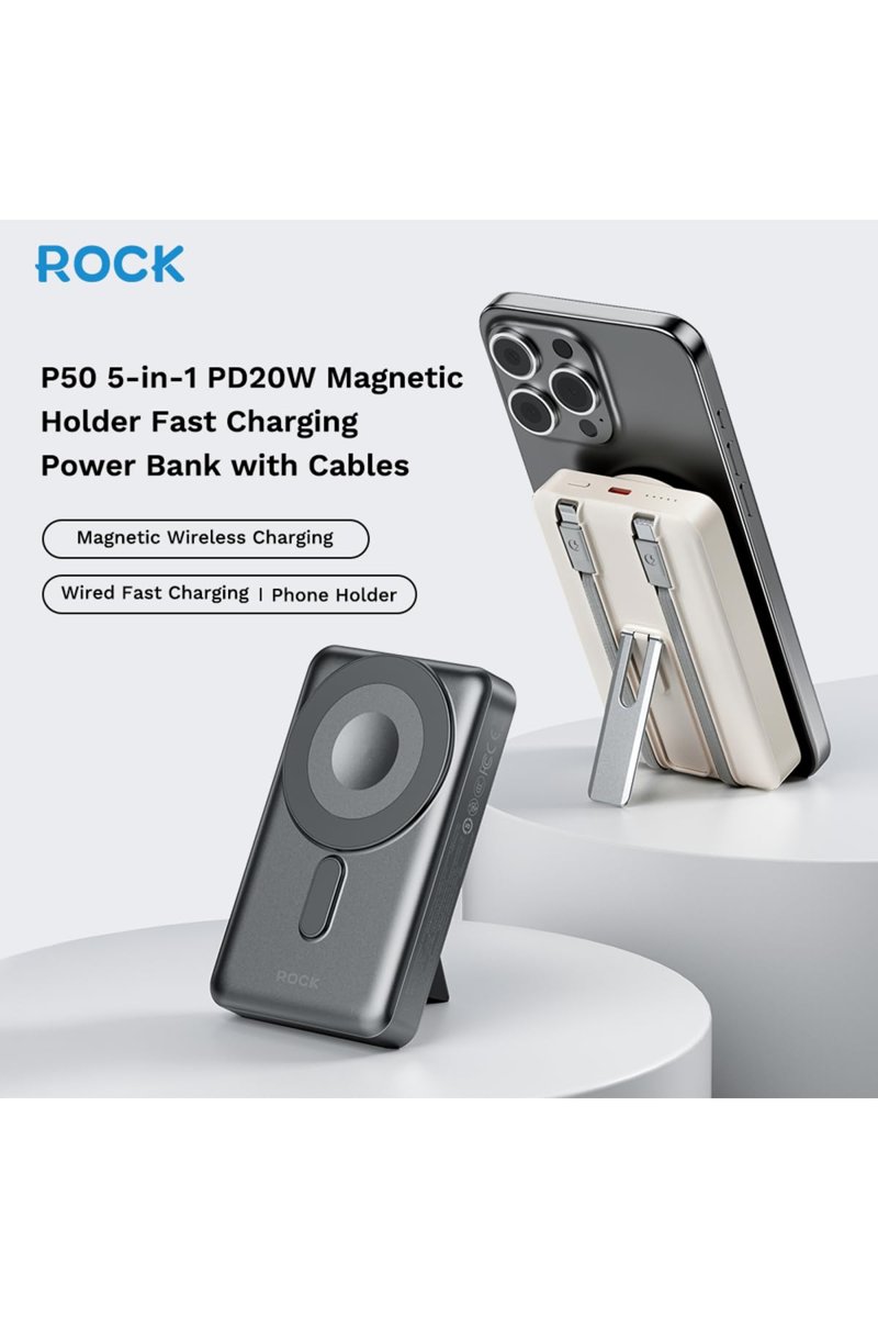 ROCK P50 Powerbank, 10000 mAh, Kablosuz ve USB-C PD 20W Şarj, MagSafe Uyumlu, 5-in-1, Taşınabilir