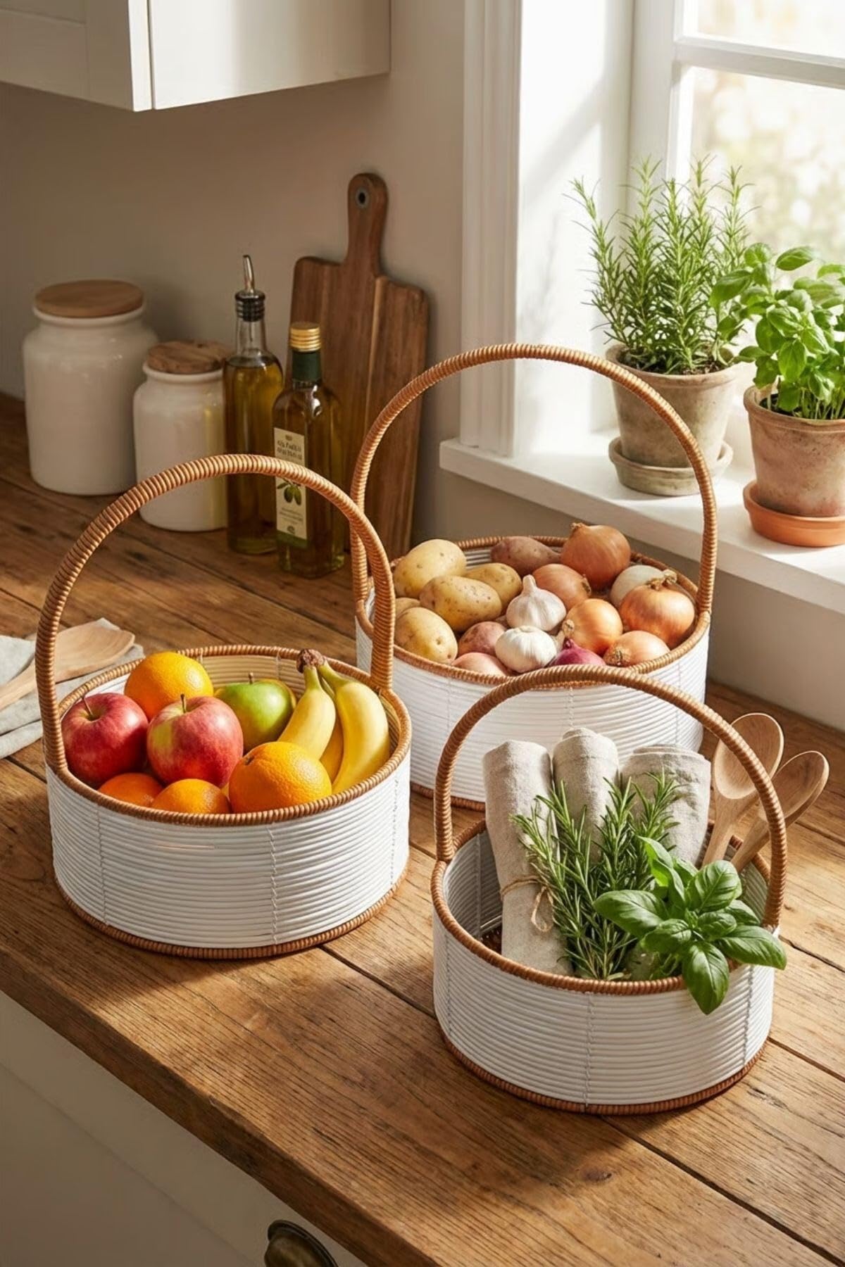 BUFFER 3 Parça İç İçe Geçebilen Plastik Rattan Sepet Seti, Beyaz Renk, Kahverengi Sap, Yuvarlak Hasır Görünümlü Çok Amaçlı Düzenleyici Sepetler, 27x35 cm