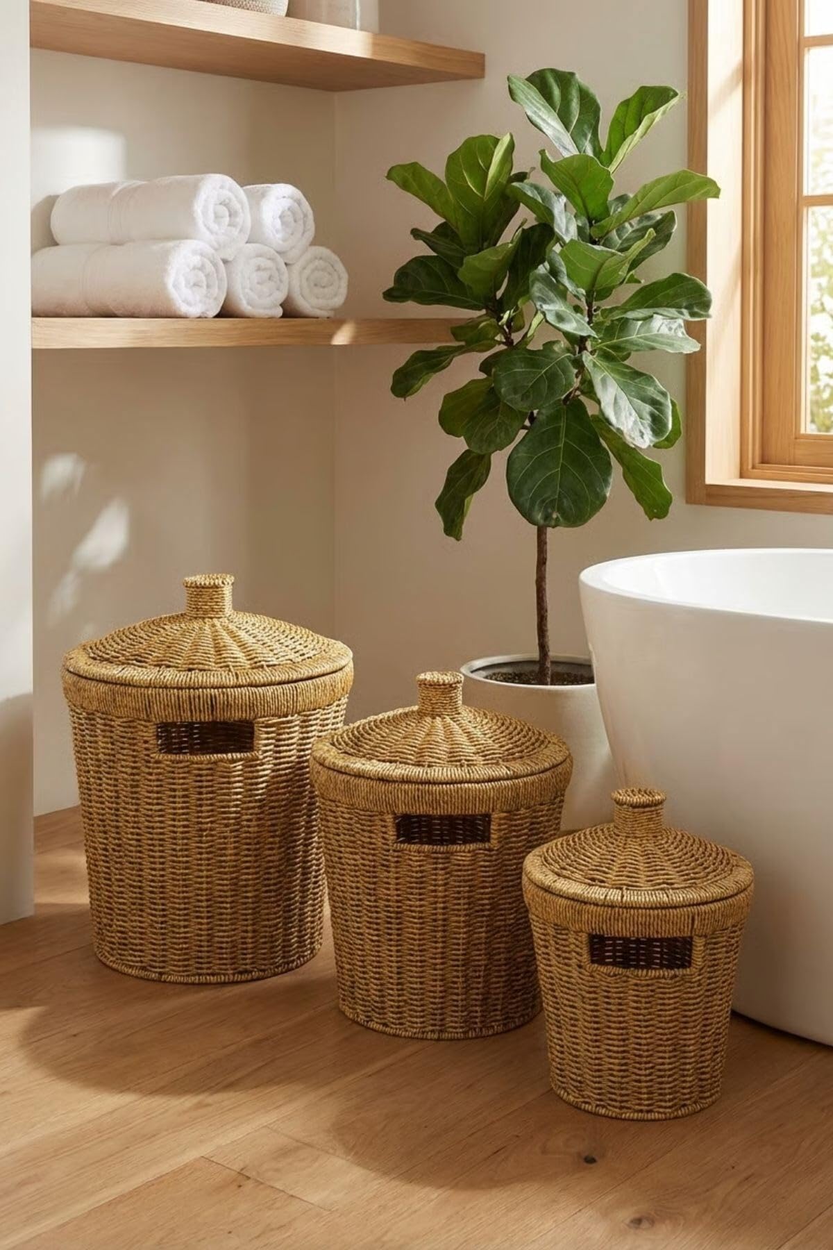 BUFFER 3'lü İç İçe Geçebilen Plastik Rattan Hasır Sepet Seti, Kapaklı Çok Amaçlı Saklama Sepeti, Ev Banyo Mutfak Düzenleyici, 20x20 cm, 24x24 cm, 28x28 cm