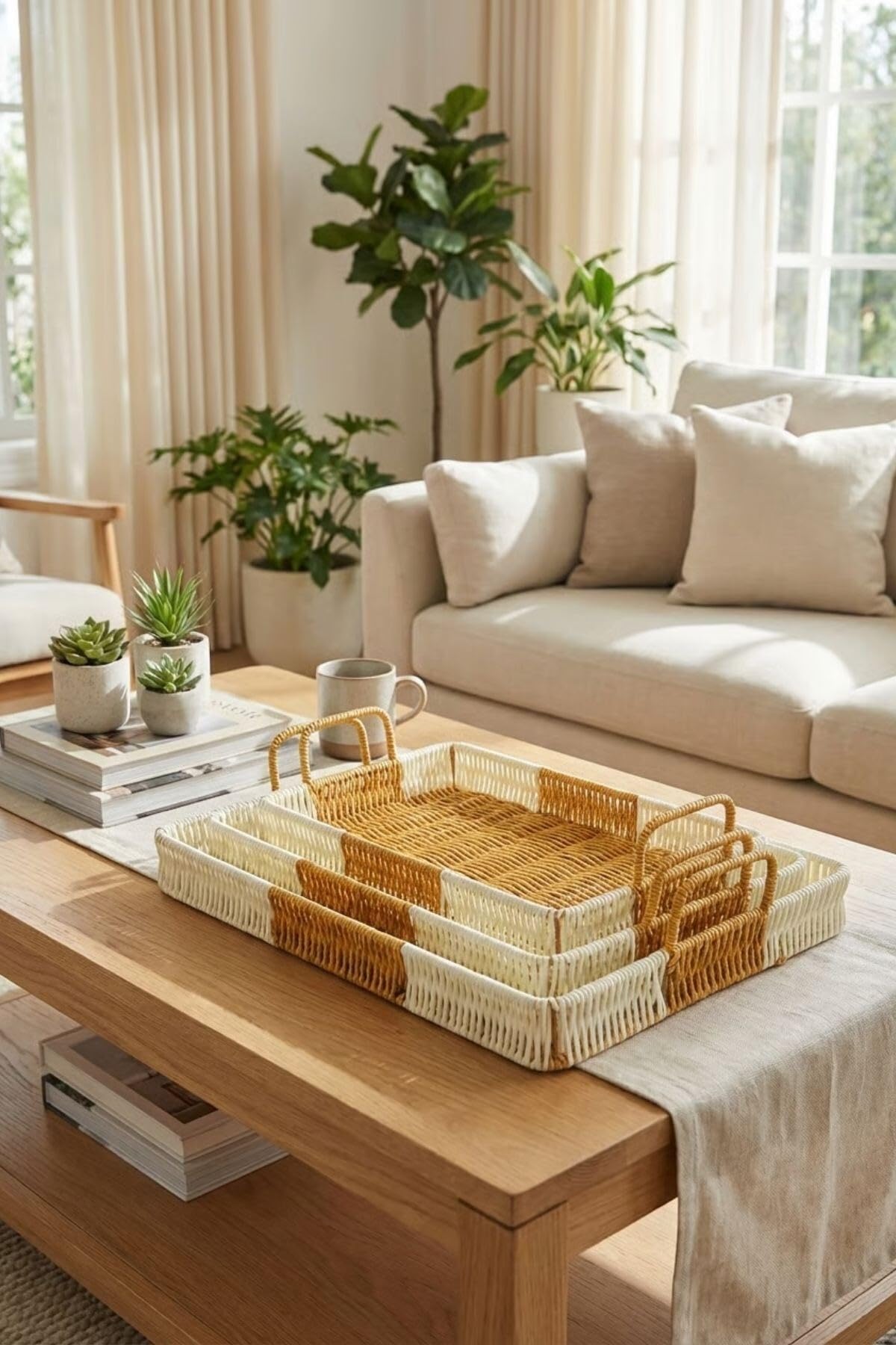 BUFFER İç İçe Geçebilen 3'lü Dikdörtgen Plastik Rattan Tepsi Seti, Çift Renkli Hasır Görünümlü, Çok Amaçlı Servis ve Sunum Tepsileri, 30x20x4.5cm, 35x25x4.5cm, 40x30x4.5cm
