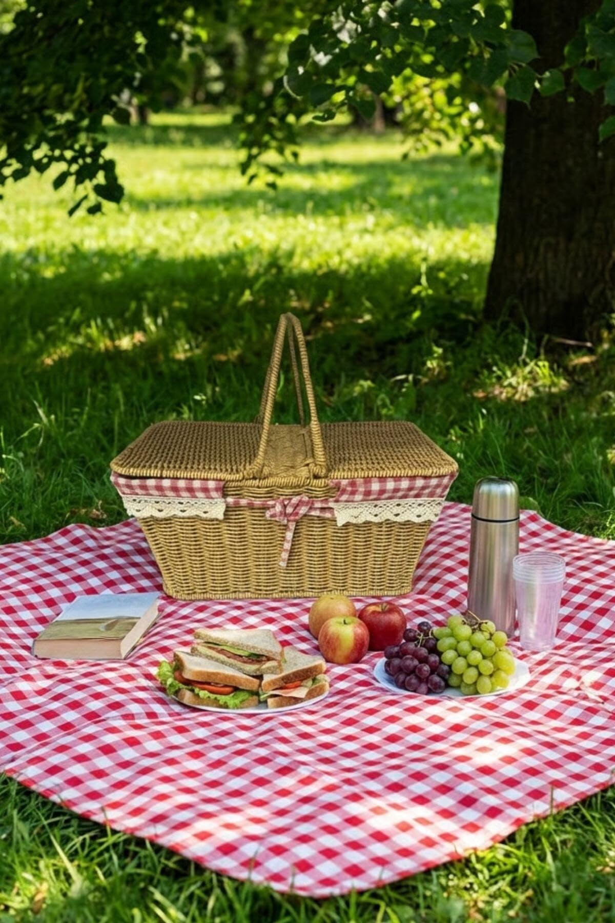 BUFFER 2 Kapaklı Dikdörtgen Hasır Görünümlü Piknik Sepeti, Plastik Rattan, Doğal Renk, Dantel ve Ekose Detaylı, 38.5x26x18 cm