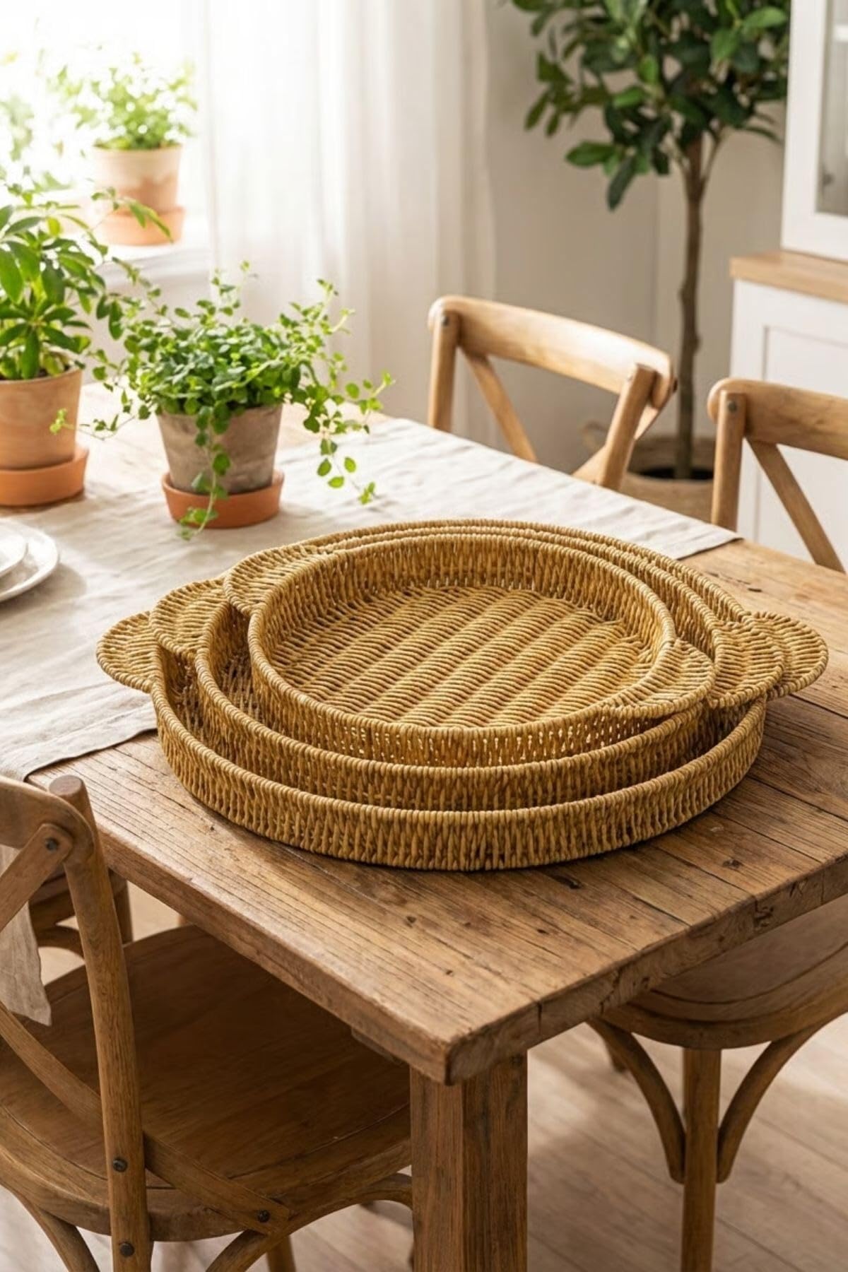 BUFFER İç İçe Geçebilen 3'lü Yuvarlak Hasır Görünümlü Plastik Rattan Servis Tepsi Seti, Çok Amaçlı Sunum Tepsileri, 30x25x4 cm, 35x30x4 cm, 40x35x4 cm