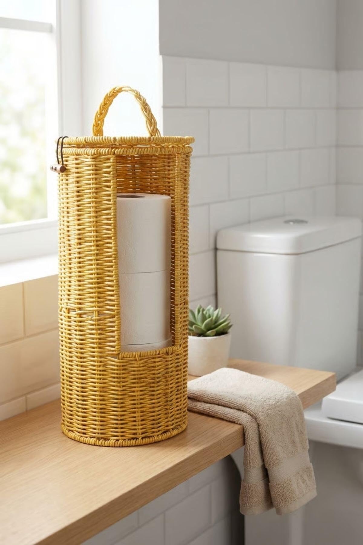 BUFFER Hasır Görünümlü Plastik Rattan Tuvalet Kağıdı Standı, Askılı Kapaklı WC Kağıtlık, Yedekli Banyo Organizer, 37x17 cm