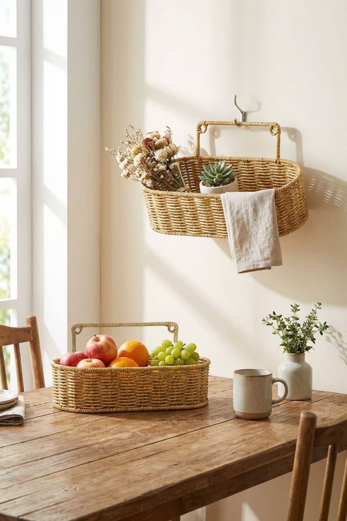 BUFFER 2'li Duvar Askılı Oval Plastik Rattan Organizer Sepeti, Hasır Görünümlü Banyo ve Mutfak Raf Düzenleme Ünitesi, 28x10x7cm ve 31x12x7cm