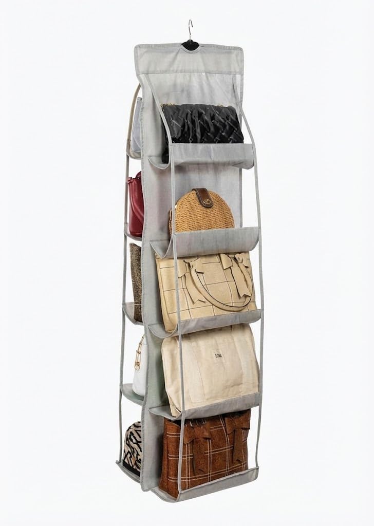 Orret Home 10 Bölmeli Askılı Çanta Organizeri – 37x125 cm Gri Renk, Dolap İçi Asılabilir Çanta Düzenleyici, Askılı Çok Gözlü Çanta Saklama Ünitesi