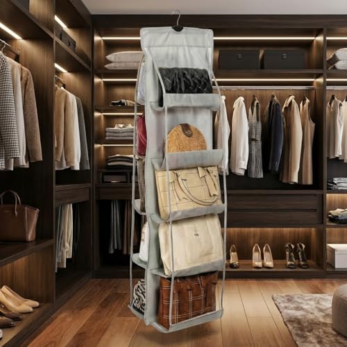 Orret Home 10 Bölmeli Askılı Çanta Organizeri – 37x125 cm Gri Renk, Dolap İçi Asılabilir Çanta Düzenleyici, Askılı Çok Gözlü Çanta Saklama Ünitesi