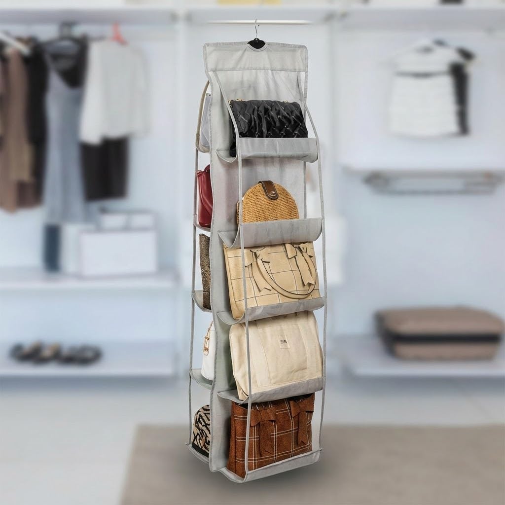 Orret Home 10 Bölmeli Askılı Çanta Organizeri – 37x125 cm Gri Renk, Dolap İçi Asılabilir Çanta Düzenleyici, Askılı Çok Gözlü Çanta Saklama Ünitesi