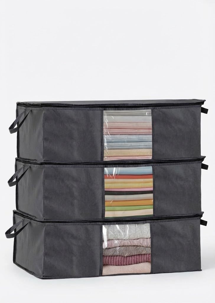 Orret Home 3'lü Siyah Pencereli Hurç Seti – 64x45x22 cm Bez Kumaş Baza Altı Organizer, Şeffaf Pencereli Hurç, Giysi ve Nevresim Saklama Hurcu