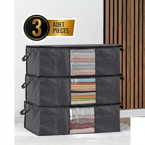 Orret Home 3'lü Siyah Pencereli Hurç Seti – 64x45x22 cm Bez Kumaş Baza Altı Organizer, Şeffaf Pencereli Hurç, Giysi ve Nevresim Saklama Hurcu