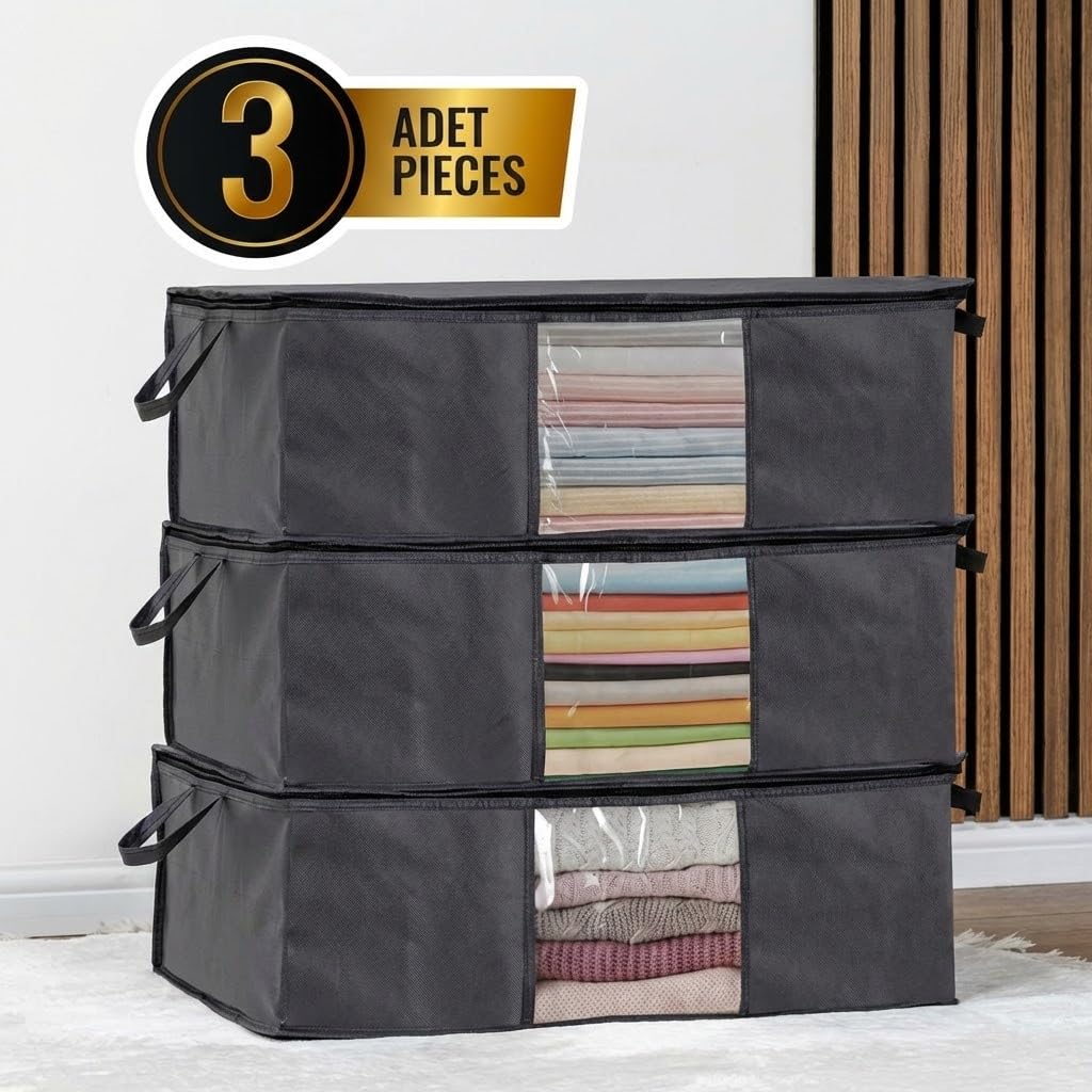 Orret Home 3'lü Siyah Pencereli Hurç Seti – 64x45x22 cm Bez Kumaş Baza Altı Organizer, Şeffaf Pencereli Hurç, Giysi ve Nevresim Saklama Hurcu