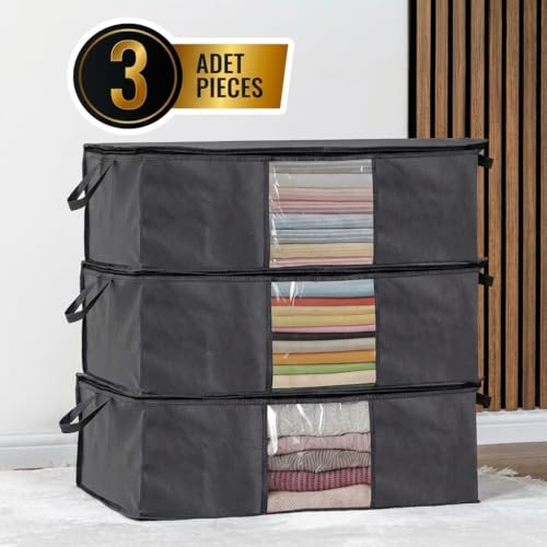 Orret Home 3'lü Siyah Pencereli Hurç Seti – 64x45x22 cm Bez Kumaş Baza Altı Organizer, Şeffaf Pencereli Hurç, Giysi ve Nevresim Saklama Hurcu