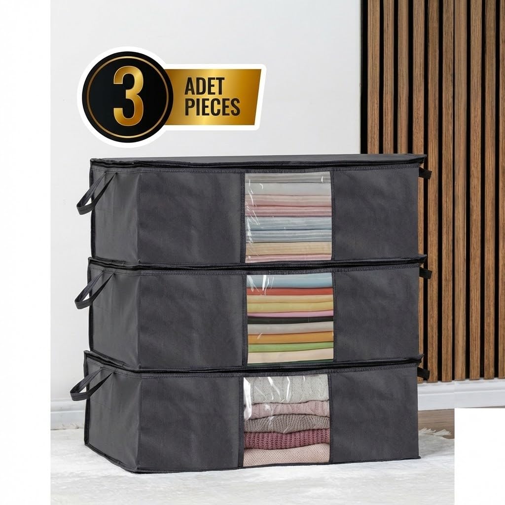 Orret Home 3'lü Siyah Pencereli Hurç Seti – 64x45x22 cm Bez Kumaş Baza Altı Organizer, Şeffaf Pencereli Hurç, Giysi ve Nevresim Saklama Hurcu