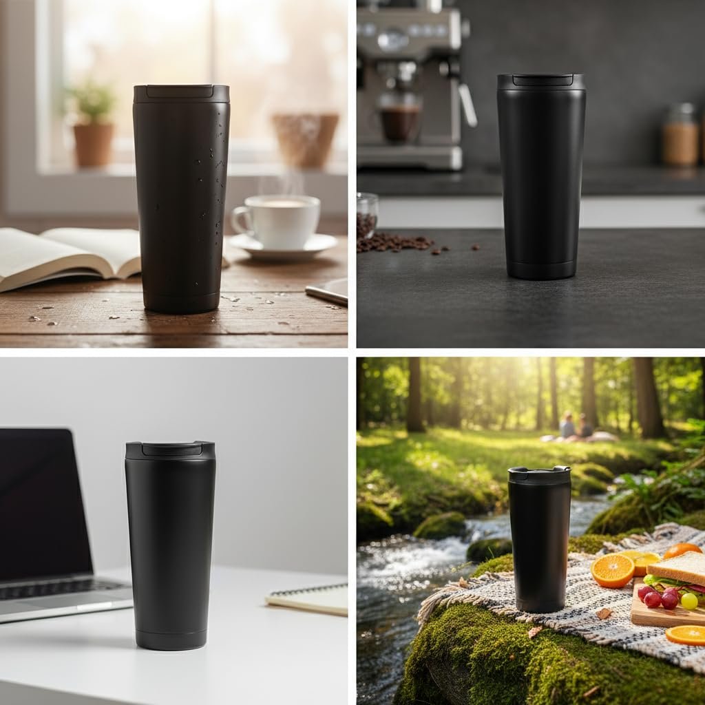 Deconox 400 ml Siyah Termos Kupa - Çift Katmanlı Paslanmaz Çelik Seyahat Bardağı (Travel Mug) - 4-6 Saat Sıcak/Soğuk Tutan Kilitli Kapaklı Kahve Termosu (BPA Free)