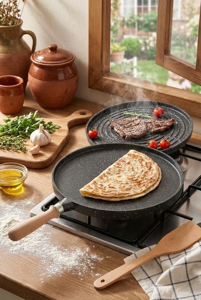 Orret Home 34 Cm Granit Döküm Çift Taraflı Gözleme ve Izgara Tavası Bazlama Tavası Çıkarılabilir Saplı Fırın Tepsisi Olarak Kullanılabilir