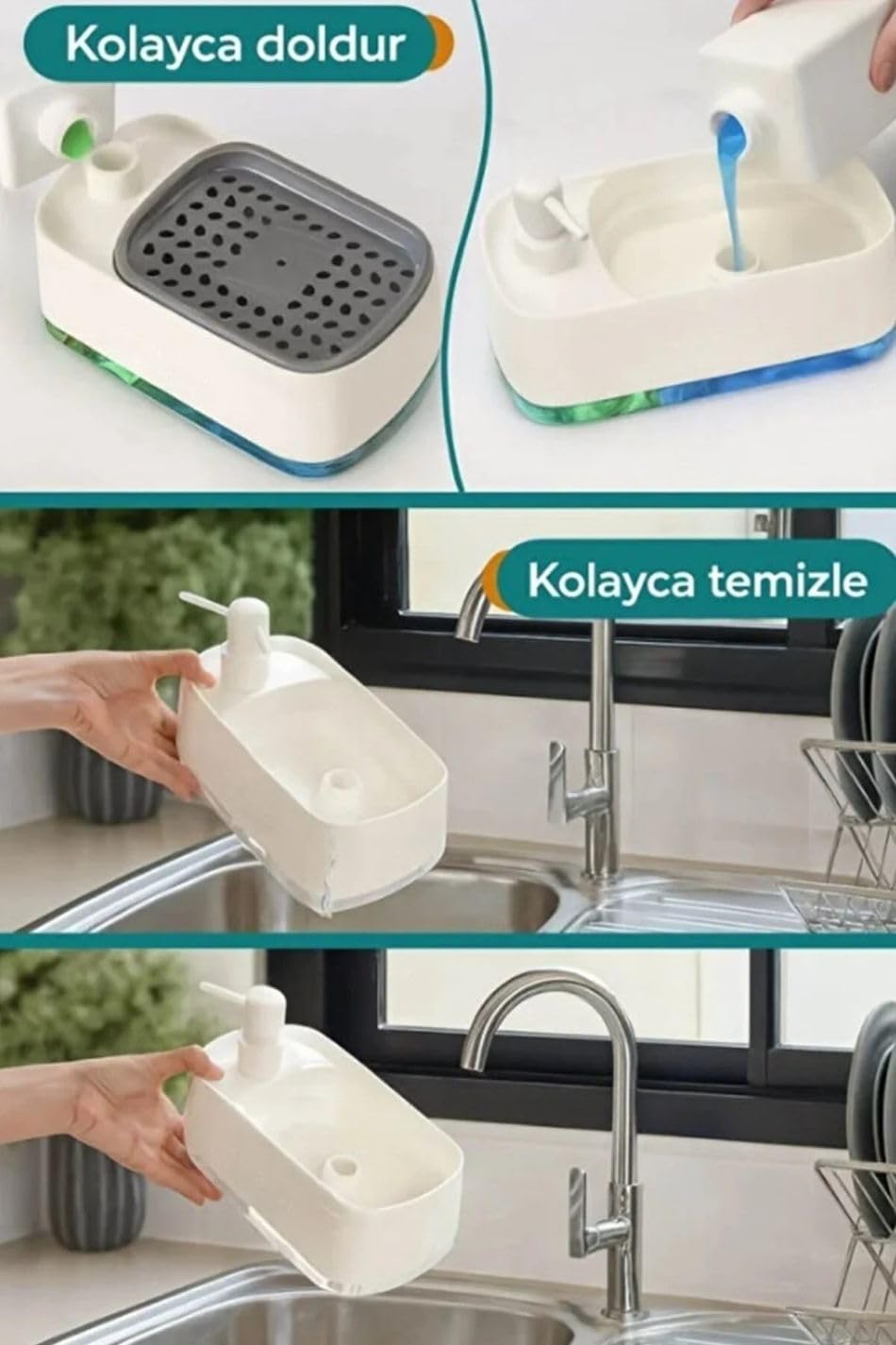 Orret Home 2'si 1 Arada Sabunluk ve Bulaşık Süngerliği – Çift Hazneli Sıvı Sabunluk ve Deterjanlık | Mutfak Tezgah Üstü Pratik Süngerlik Sabunluk Seti