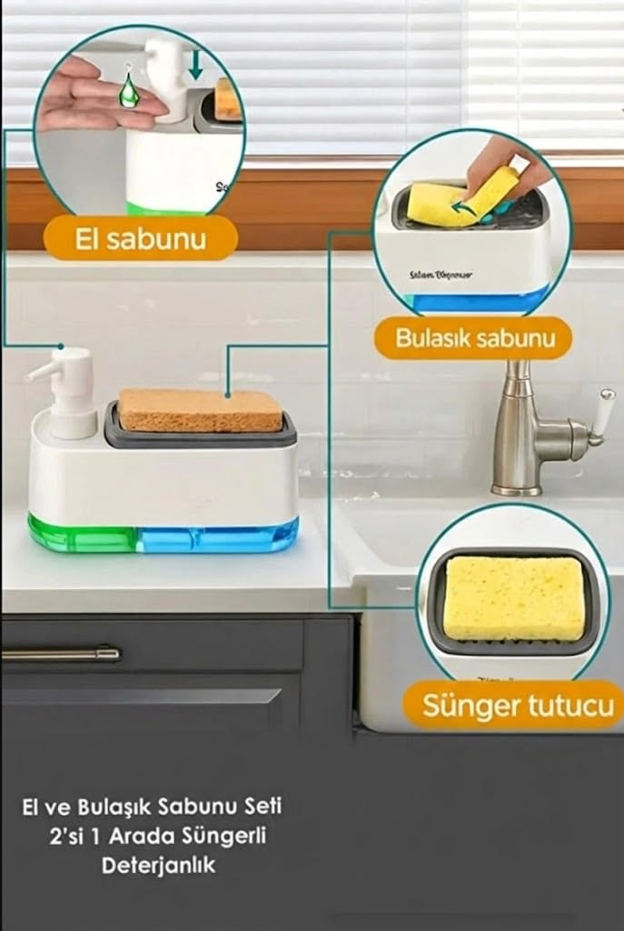 Orret Home 2'si 1 Arada Sabunluk ve Bulaşık Süngerliği – Çift Hazneli Sıvı Sabunluk ve Deterjanlık | Mutfak Tezgah Üstü Pratik Süngerlik Sabunluk Seti