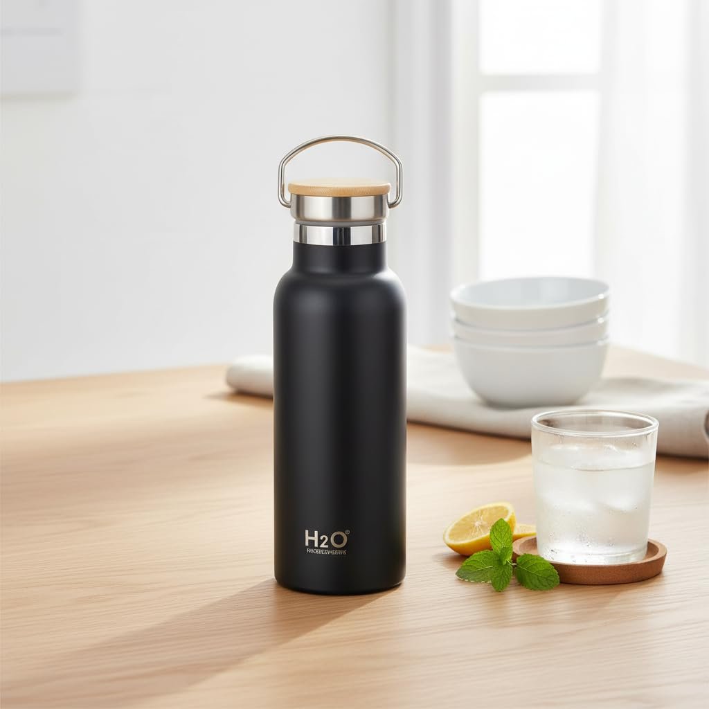 Deconox Bambu Kapaklı Siyah Çelik Termos Matara - 500 ml Sızdırmaz Kilitli Mug - Doğal Ahşap Detaylı Sıcak ve Soğuk Tutan Ofis Termosu
