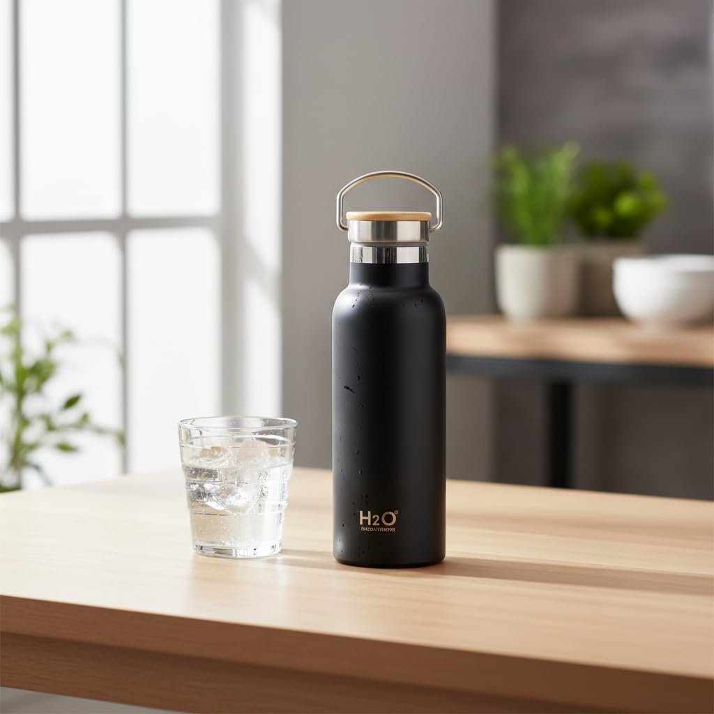 Deconox Bambu Kapaklı Siyah Çelik Termos Matara - 500 ml Sızdırmaz Kilitli Mug - Doğal Ahşap Detaylı Sıcak ve Soğuk Tutan Ofis Termosu