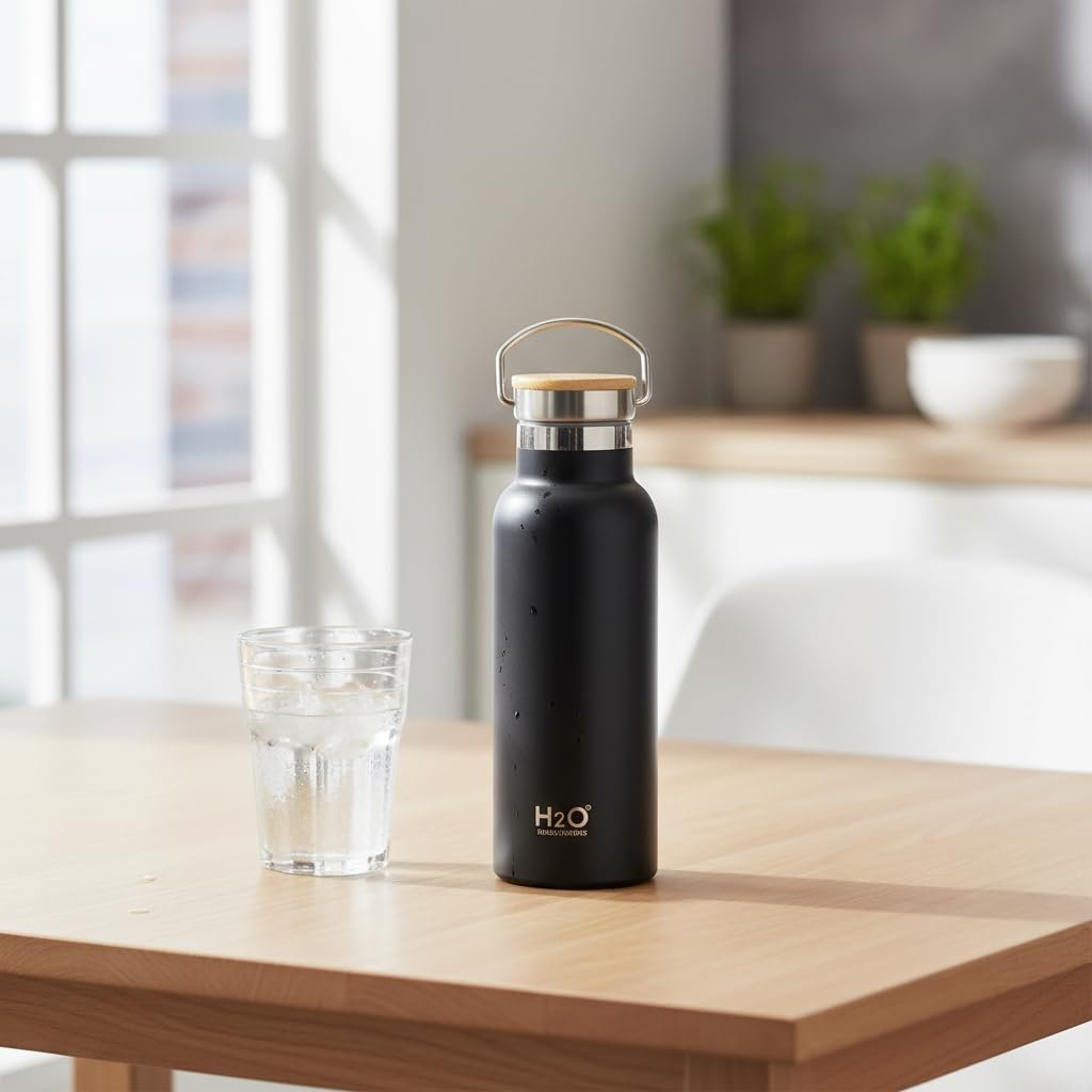 Deconox Bambu Kapaklı Siyah Çelik Termos Matara - 750 ml Sızdırmaz Kilitli Mug - Doğal Ahşap Detaylı Sıcak ve Soğuk Tutan Ofis Termosu