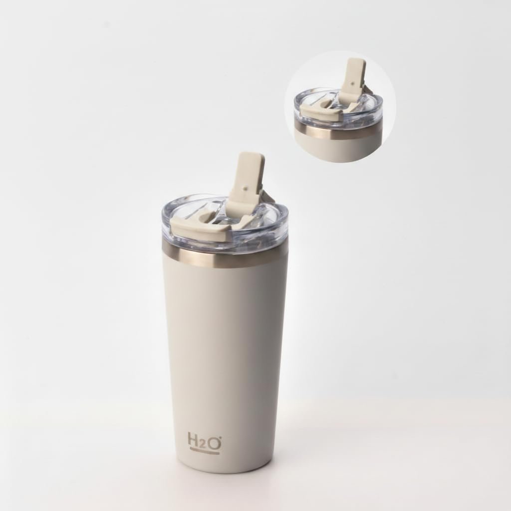 Deconox 530 ml Pipetli ve Ağızlıklı Çelik Termos Kupa - Çift Fonksiyonlu Kapak - Sıcak/Soğuk Tutan Seyahat Bardağı (Travel Mug) - 4 Farklı Renk Seçeneği (KREM)