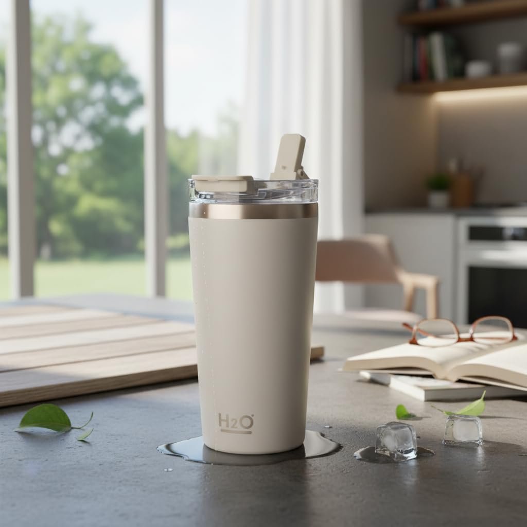 Deconox 530 ml Pipetli ve Ağızlıklı Çelik Termos Kupa - Çift Fonksiyonlu Kapak - Sıcak/Soğuk Tutan Seyahat Bardağı (Travel Mug) - 4 Farklı Renk Seçeneği (KREM)