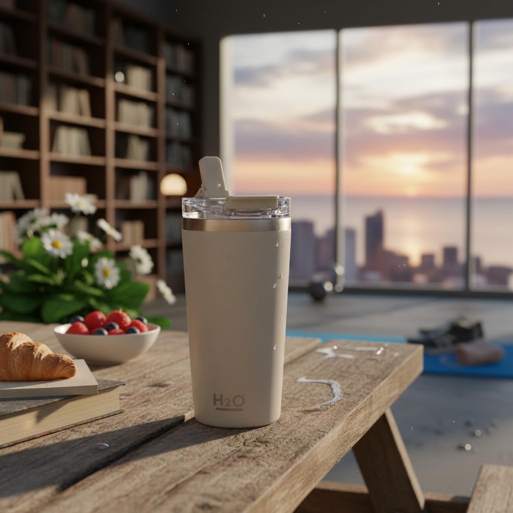 Deconox 530 ml Pipetli ve Ağızlıklı Çelik Termos Kupa - Çift Fonksiyonlu Kapak - Sıcak/Soğuk Tutan Seyahat Bardağı (Travel Mug) - 4 Farklı Renk Seçeneği (KREM)