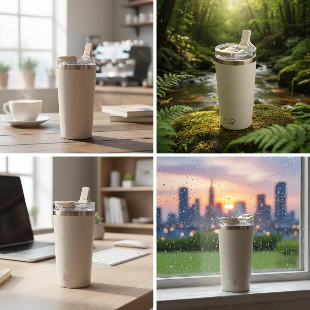 Deconox 530 ml Pipetli ve Ağızlıklı Çelik Termos Kupa - Çift Fonksiyonlu Kapak - Sıcak/Soğuk Tutan Seyahat Bardağı (Travel Mug) - 4 Farklı Renk Seçeneği (KREM)